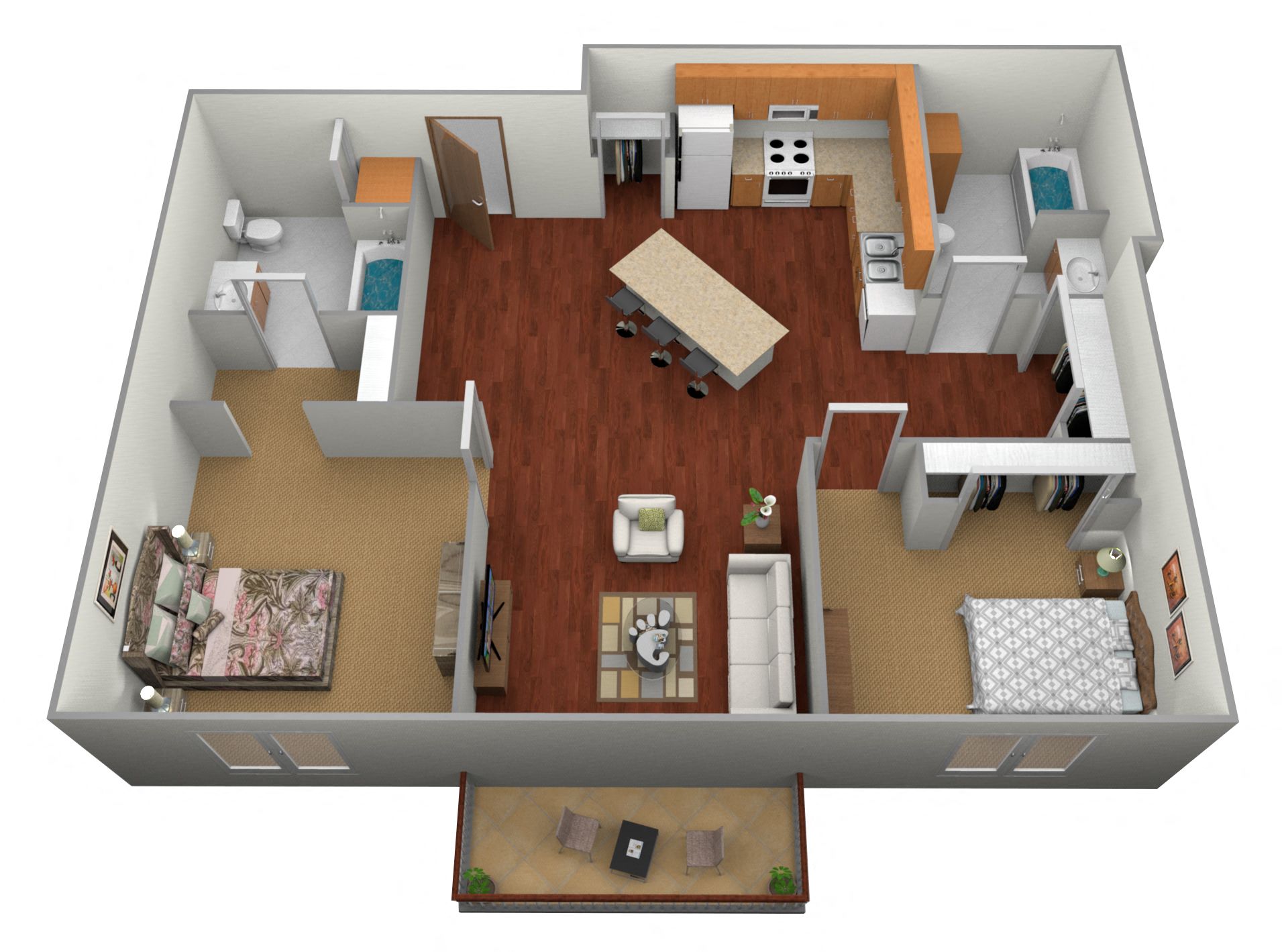Floor plan for 2 beds, 2 baths, 978 sqft